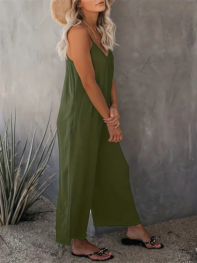 Boho Spaghetti Ruched Jumpsuit, Casual Sleeveless Long Length Wide Leg Jumpsuit, Women's Clothing