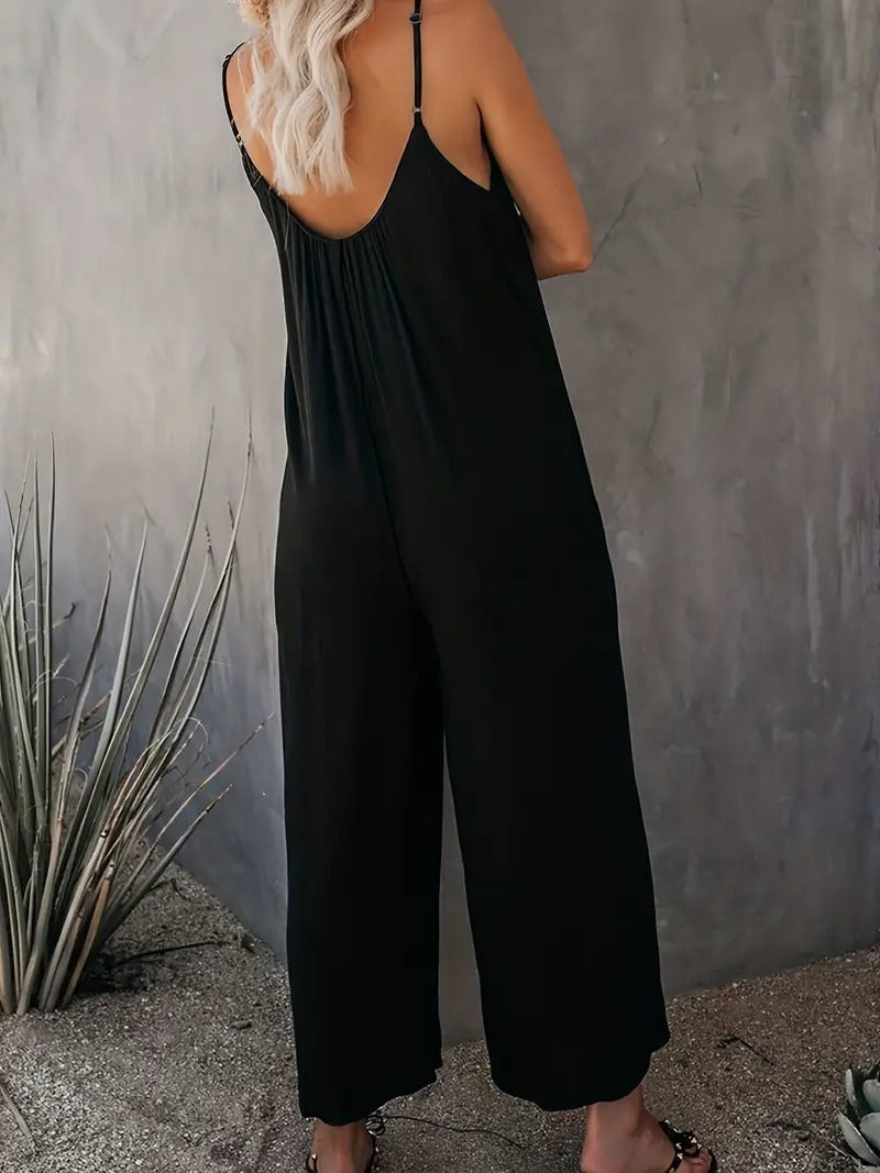 Boho Spaghetti Ruched Jumpsuit, Casual Sleeveless Long Length Wide Leg Jumpsuit, Women's Clothing