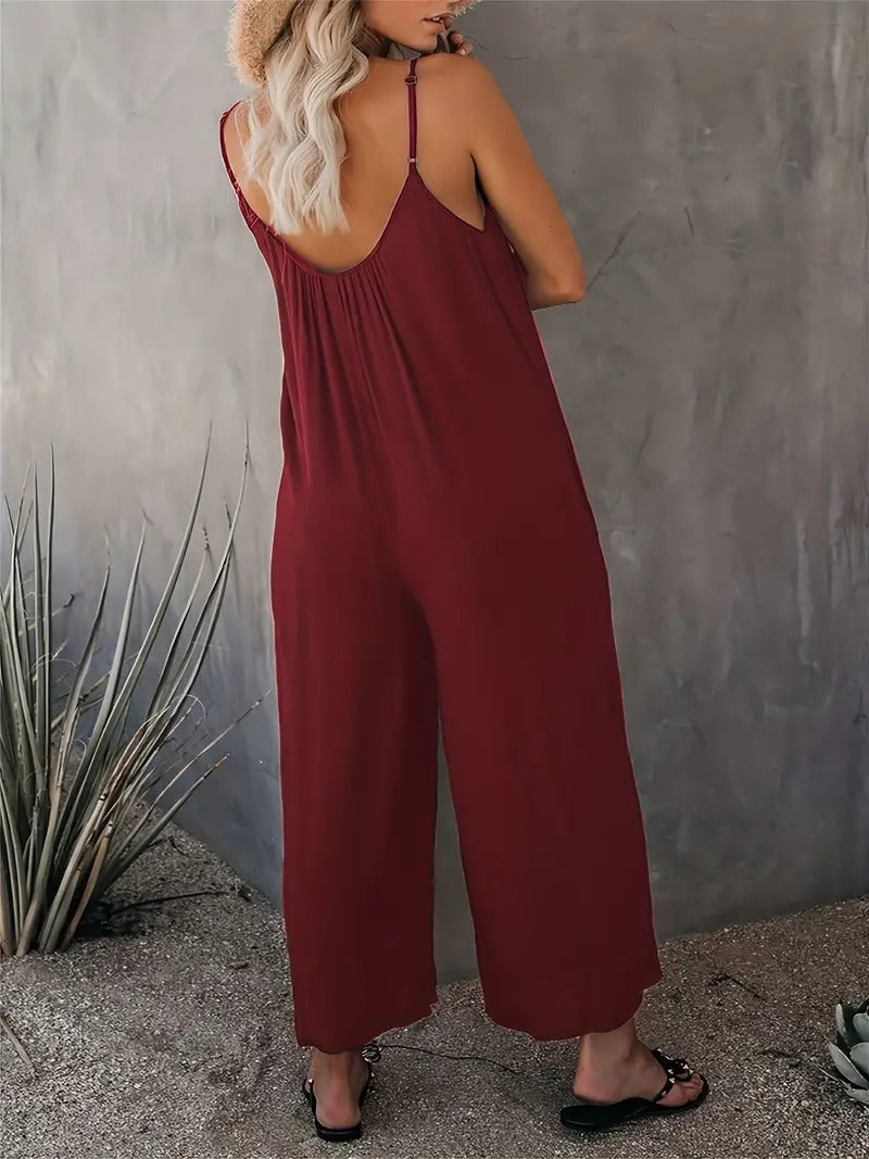 Boho Spaghetti Ruched Jumpsuit, Casual Sleeveless Long Length Wide Leg Jumpsuit, Women's Clothing