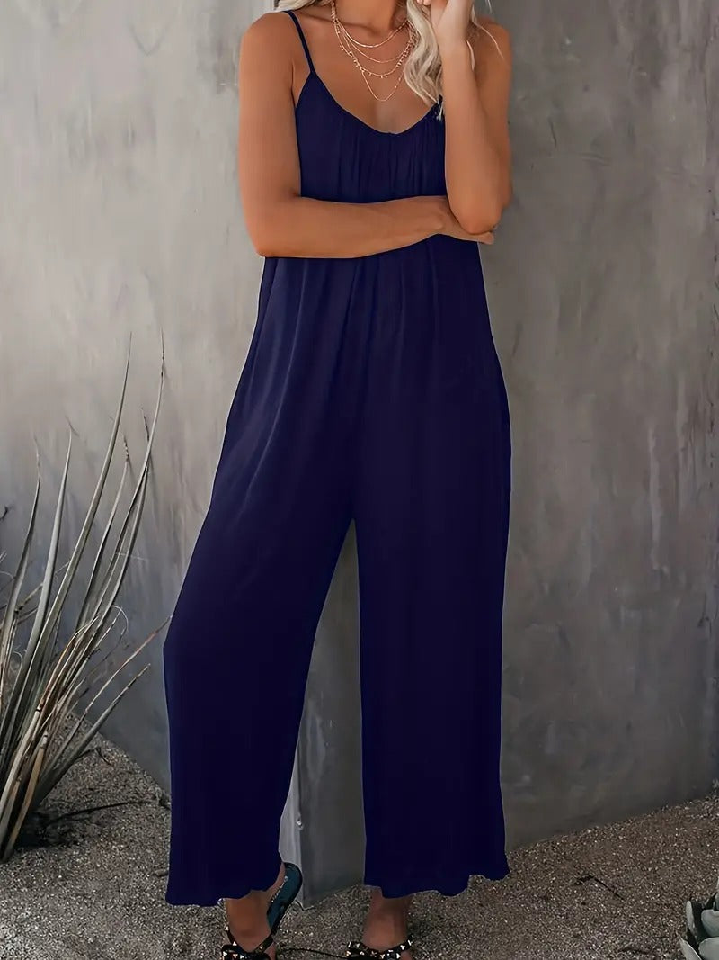 Boho Spaghetti Ruched Jumpsuit, Casual Sleeveless Long Length Wide Leg Jumpsuit, Women's Clothing