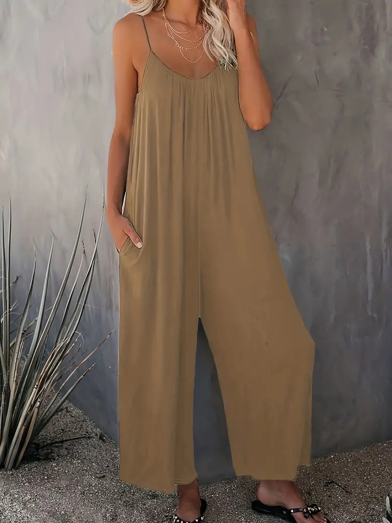 Boho Spaghetti Ruched Jumpsuit, Casual Sleeveless Long Length Wide Leg Jumpsuit, Women's Clothing