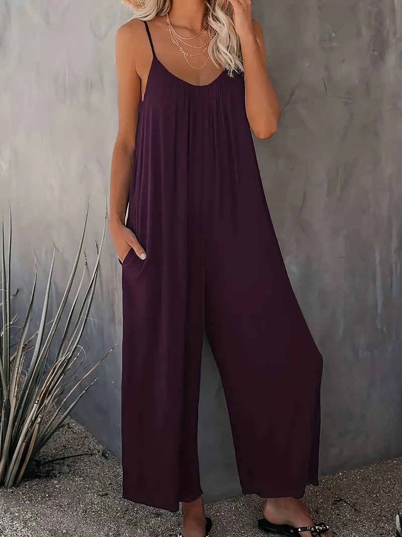 Boho Spaghetti Ruched Jumpsuit, Casual Sleeveless Long Length Wide Leg Jumpsuit, Women's Clothing
