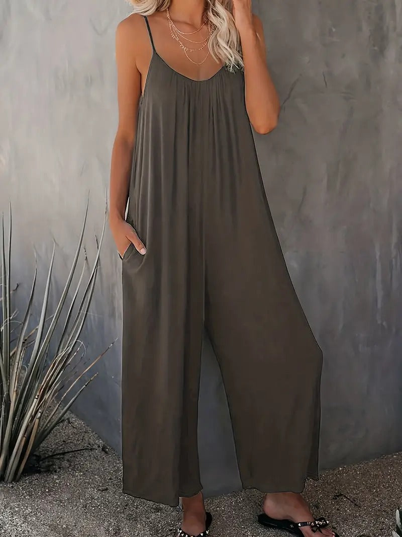 Boho Spaghetti Ruched Jumpsuit, Casual Sleeveless Long Length Wide Leg Jumpsuit, Women's Clothing