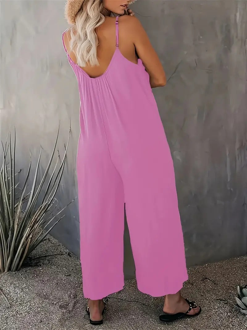 Boho Spaghetti Ruched Jumpsuit, Casual Sleeveless Long Length Wide Leg Jumpsuit, Women's Clothing