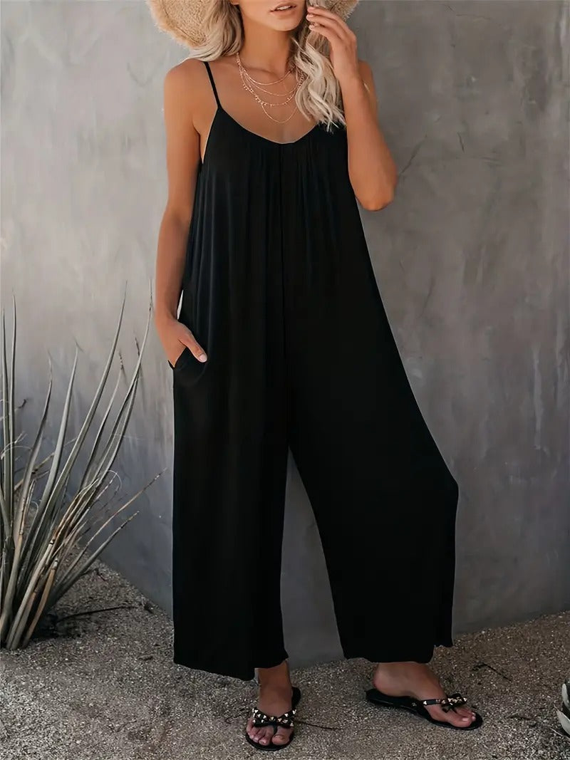 Boho Spaghetti Ruched Jumpsuit, Casual Sleeveless Long Length Wide Leg Jumpsuit, Women's Clothing
