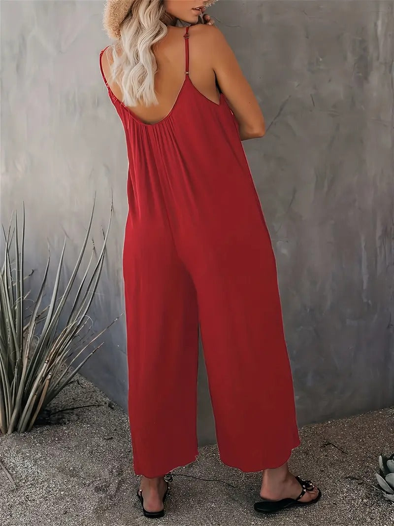 Boho Spaghetti Ruched Jumpsuit, Casual Sleeveless Long Length Wide Leg Jumpsuit, Women's Clothing