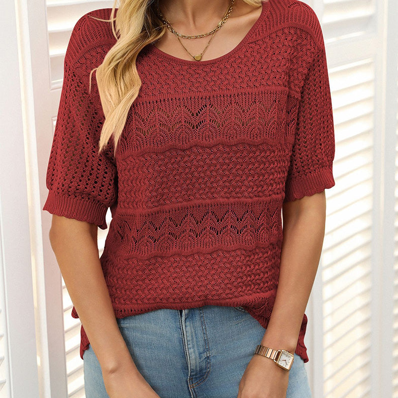 🎉This week's Special Sales - 50% OFF✨Women's Round Neck Hollow Knit Crochet Short Sleeve Sweater
