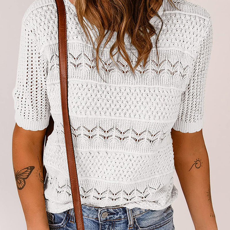 🎉This week's Special Sales - 50% OFF✨Women's Round Neck Hollow Knit Crochet Short Sleeve Sweater