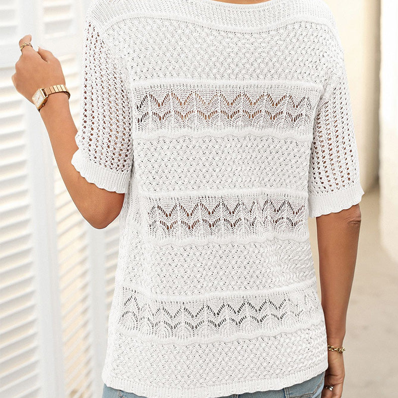 🎉This week's Special Sales - 50% OFF✨Women's Round Neck Hollow Knit Crochet Short Sleeve Sweater