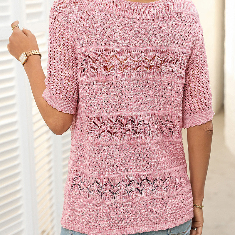🎉This week's Special Sales - 50% OFF✨Women's Round Neck Hollow Knit Crochet Short Sleeve Sweater